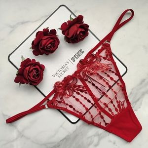 NWT VICTORIA'S SECRET DREAM ANGELS BOW EMBROIDERY V-STRING PANTY IN LIPSTICK EMB